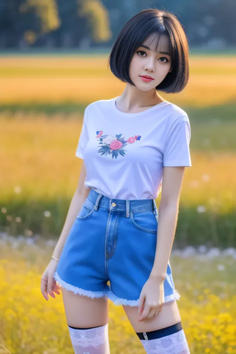 1 girl，pretty  face，A delicate face，eyes with brightness，Detailed eyes，Short black hair，Larger bust，White floral T-shirt，slim toned body，Correct anatomy，Smooth skin，thick thight，Cocked buttocks，Denim shorts skirt，black lence stockings，grassland background，...