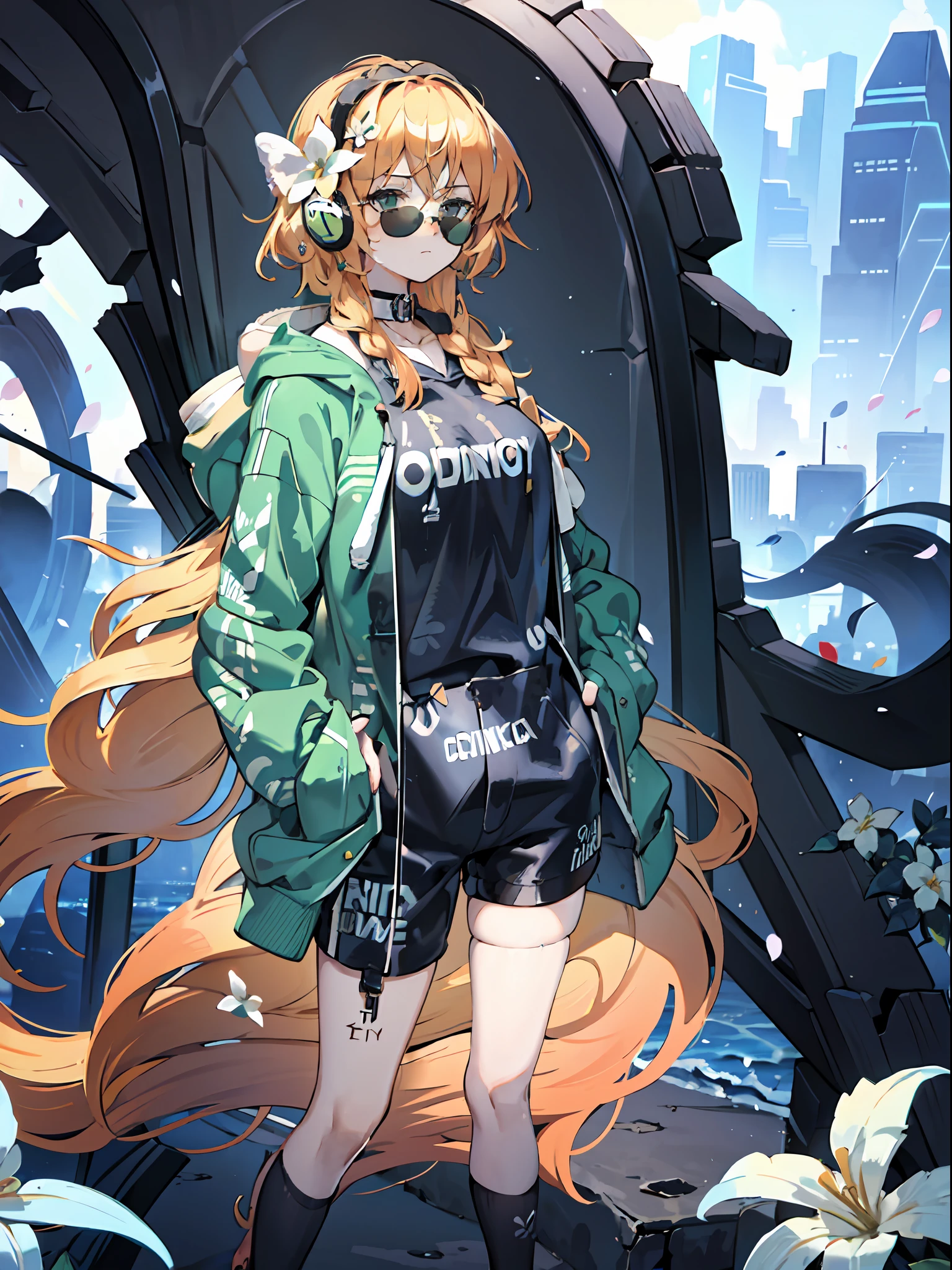 original outfit, 1girl, tired face expression, extremely long hair, bronze hair, green eyes, black hairband with white flower on left side, wearing sunglasses, outdoors, (hoodie:1.3), headphones around neck, cityscape, cowboy shot, hands in pockets