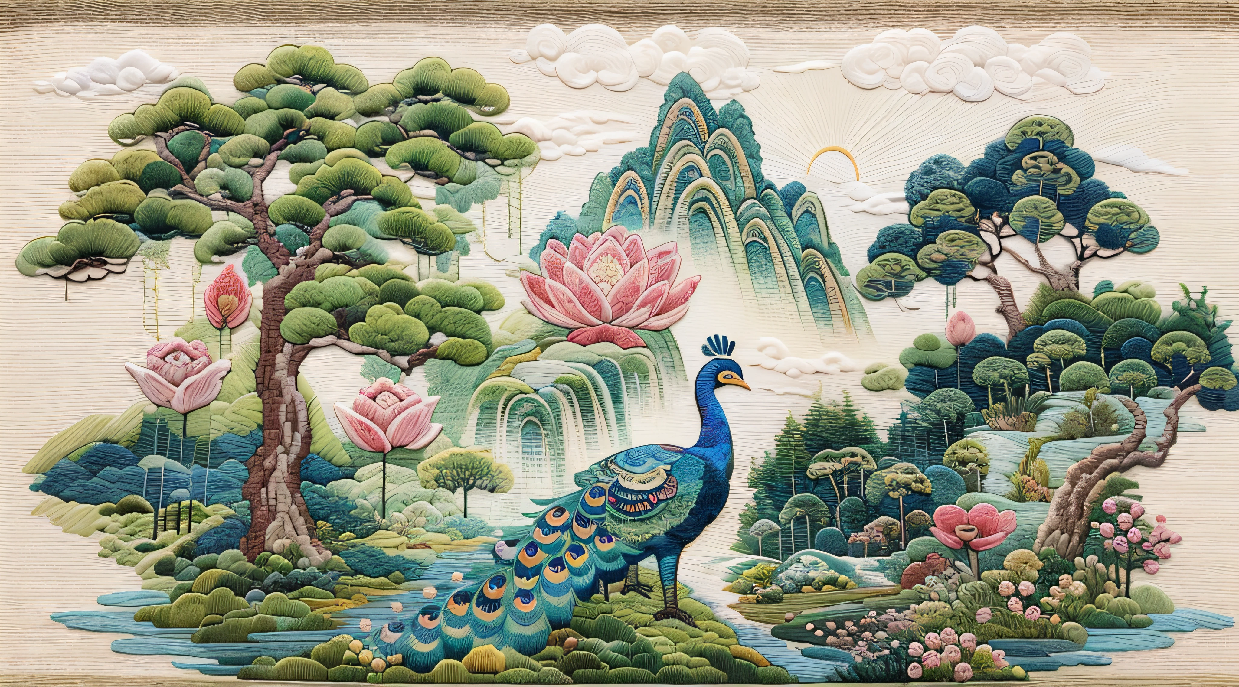 （Cross-stitch landscape，Embroidered landscape），Antique game scene design，peacock，lotuses，A blue sky，White cloud，Chinese landscape painting OC rendering sculpture