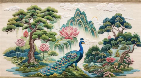 （Cross-stitch landscape，Embroidered landscape），Antique game scene design，peacock，lotuses，A blue sky，White cloud，Chinese landscap...