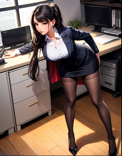 full body photo of a beautiful sexy secretary wearing extremely short skirt and seamed stockings, stands_straight, ((solo)), adu...