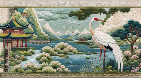 （Cross-stitch landscape，Embroidered landscape），Antique game scene design，white crane，lotuses，waterfallr，A blue sky，White cloud，C...