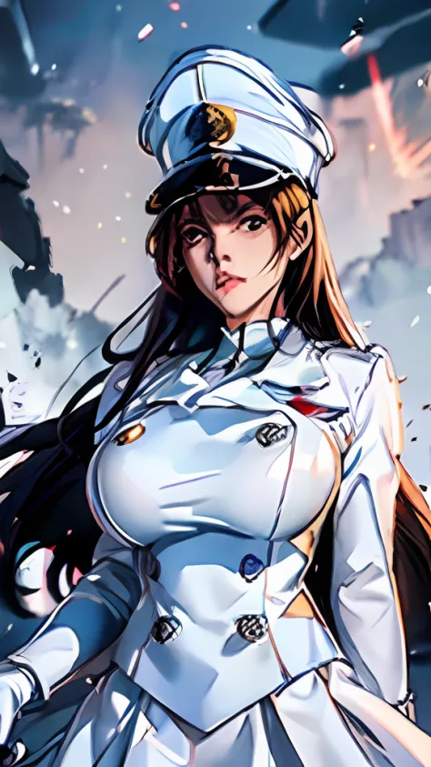 bambietta, （White military uniform, Deep brown eyes, White skirt）, （（Delicate facial features，There is light in the eyes，Black color hair，huge boob，vred））