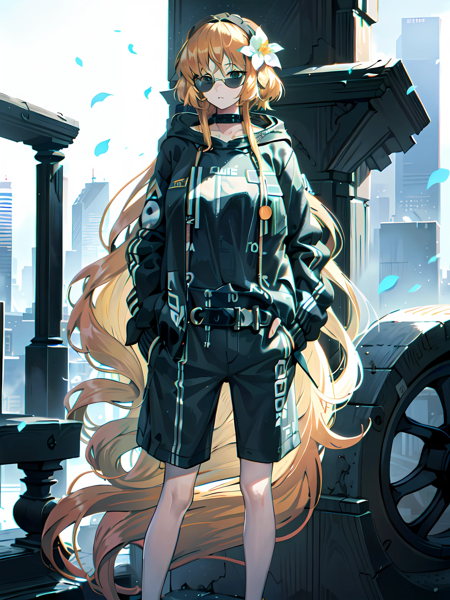 original outfit, 1girl, tired face expression, extremely long hair, bronze hair, green eyes, black hairband with white flower on left side, wearing sunglasses, outdoors, (hoodie:1.3), headphones around neck, cityscape, cowboy shot, hands in pockets