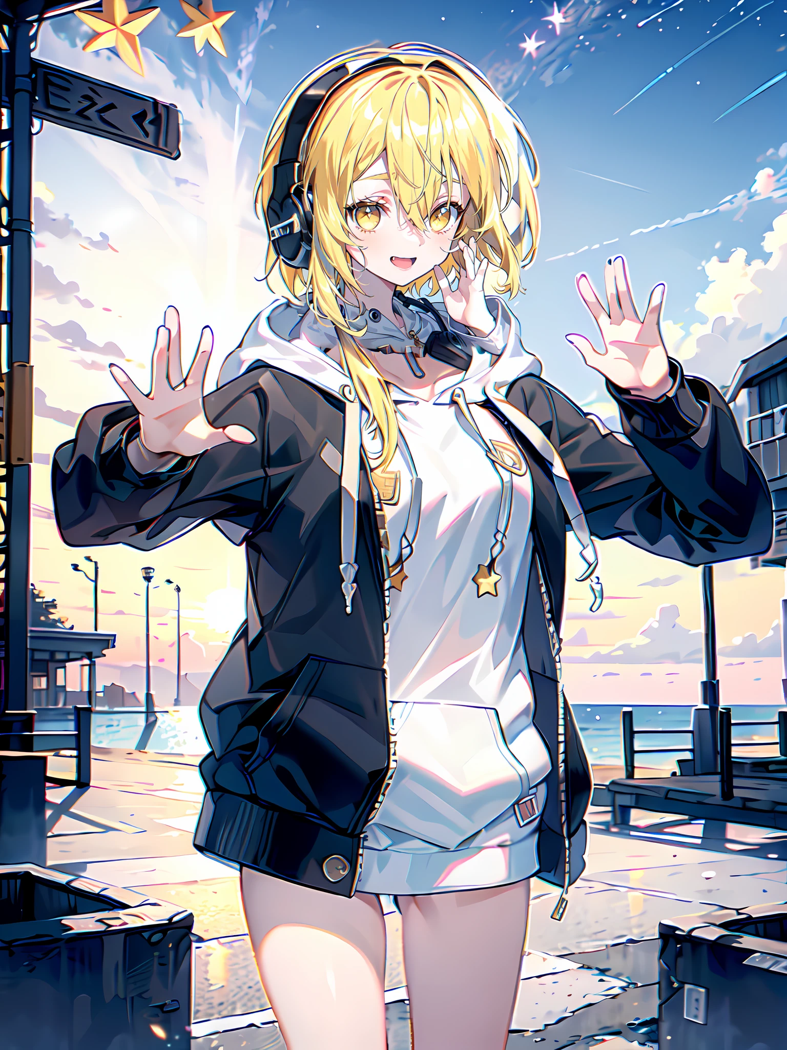 original outfit, beach outfif, denim shorts, 1girl, excited face expression, blonde hair, golden eyes, stars in eyes, outdoors, (hoodie:1.3), headphones around neck, cityscape, cowboy shot, waving hand