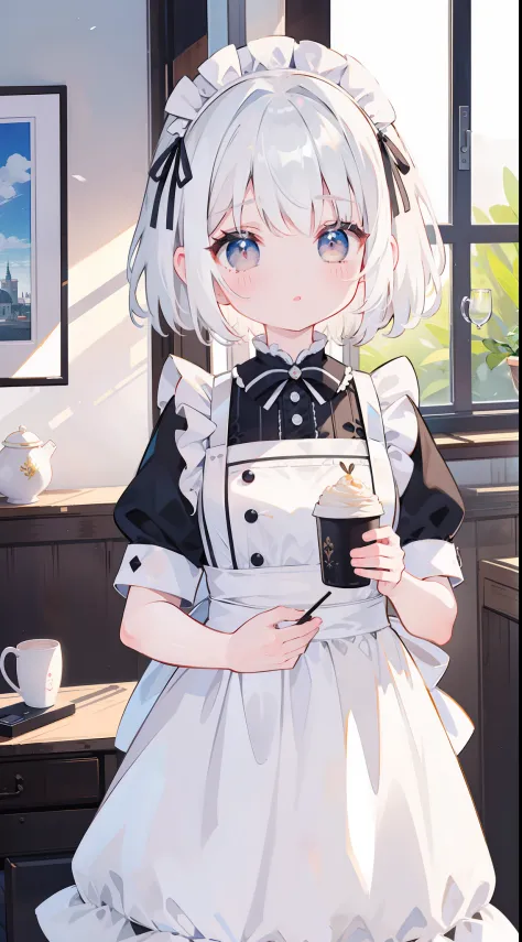 One girl、white  hair、maid clothes、cute little、​masterpiece、Top image quality、top-quality。cafes