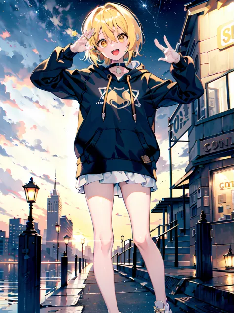 original outfit, beach outfif, 1girl, excited face expression, blonde hair, golden eyes, stars in eyes, outdoors, (hoodie:1.3), ...