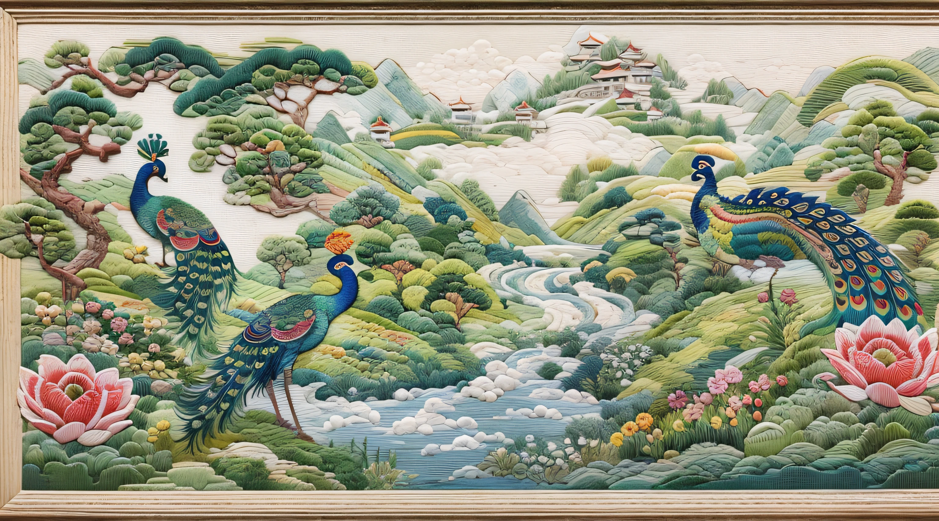 （Cross-stitch landscape，Embroidered landscape），Antique game scene design，peacock，lotuses，A blue sky，White cloud，Chinese landscape painting OC rendering sculpture