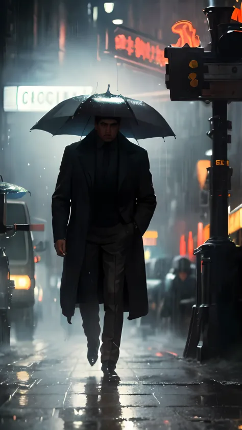 realistic style, hyper-detailed, highly immersive vertical scene, a well-dressed lone man walking through the rain-slicked stree...