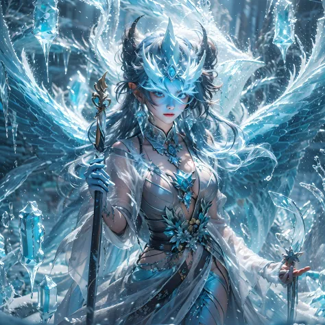 (((1girll)))，（Perfect facial features），（Wearing ancient Chinese hangfu），The upper part of the body，icey，ice wings，（Ice Phoenix：1.2），Splashed liquid，Wavy liquid，airbubble，standing on water，wave，Blue glow，（Frost wings），(((Powerful ice magic)))，(((Icicles)))，...
