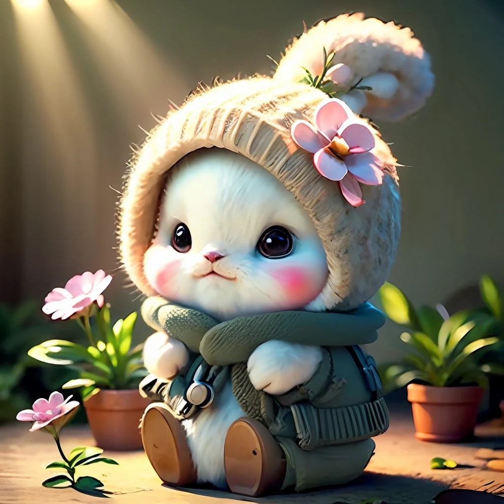 holding camera, tree_stump, flowers, adorable , fluffy, photorealistic, soft lighting,