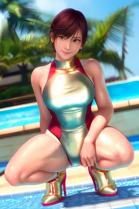Top image quality、top-quality、8K picture quality、1girll、full body Esbian、nagisa、A smile、embarrassed from、red blush、Beautiful fece、Colossal tits、(Gold Metallic:1.4)、(Sleeveless)、(High neck competitive swimsuit)、(highleg)、(Crotch penetration)、(pin heels)、Squ...