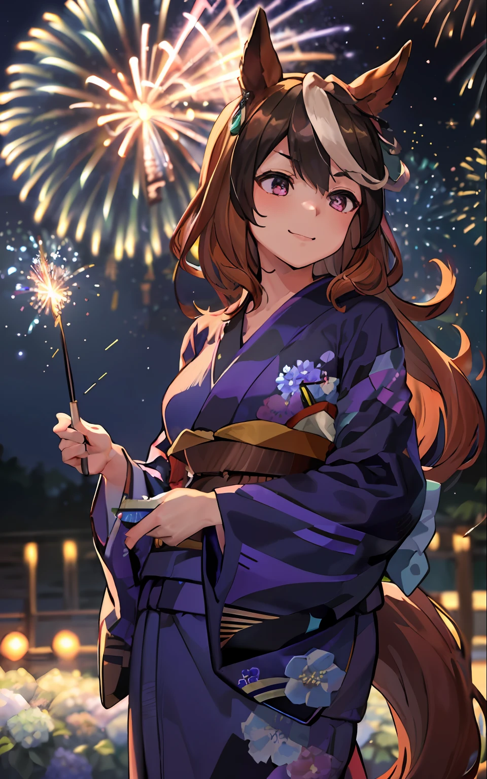 ((​masterpiece、top-quality))、1girl in、horse ear、animal ear, striated hair, Symbolildorf、Uma Musume、,Green kimono、 ((Hydrangea pattern yukata, Geta), Gentle smile, ((Fireworks in the night sky)), ((fireworks at background)), 、modest tail、Hold the fireworks below