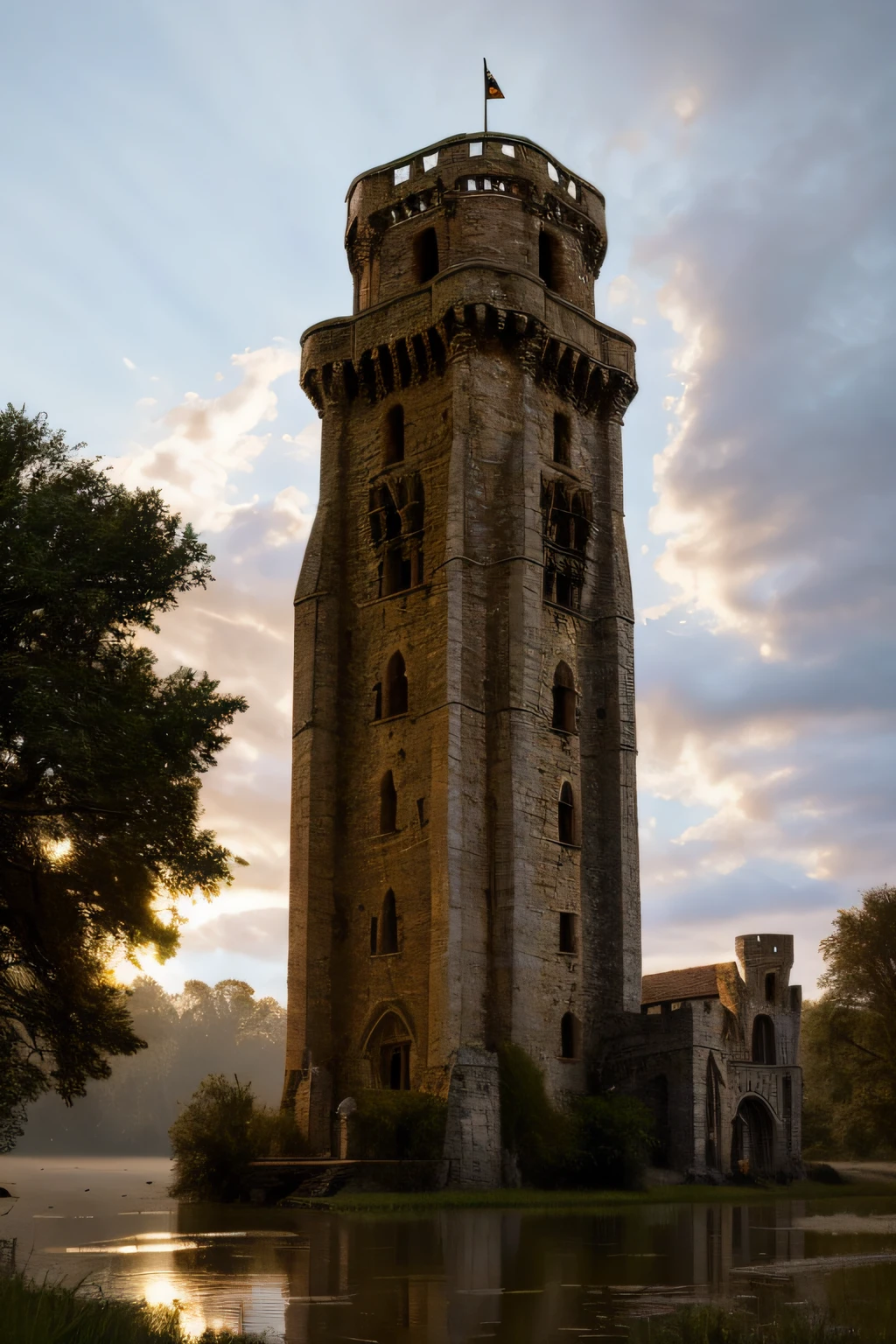 medium shot of a medieval fantasy romanesque tower in a swampy fantasy medieval town, imposing, elaborate architecture, (backlighting), realistic, masterpiece, highest quality, lens flare, shade, bloom, [[chromatic aberration]], by Jeremy Lipking, by Antonio J. Manzanedo, digital painting