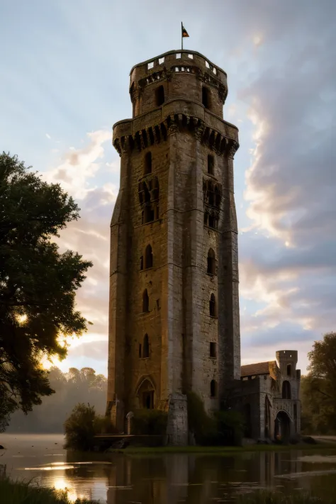 medium shot of a medieval fantasy romanesque tower in a swampy fantasy medieval town, imposing, elaborate architecture, (backlig...