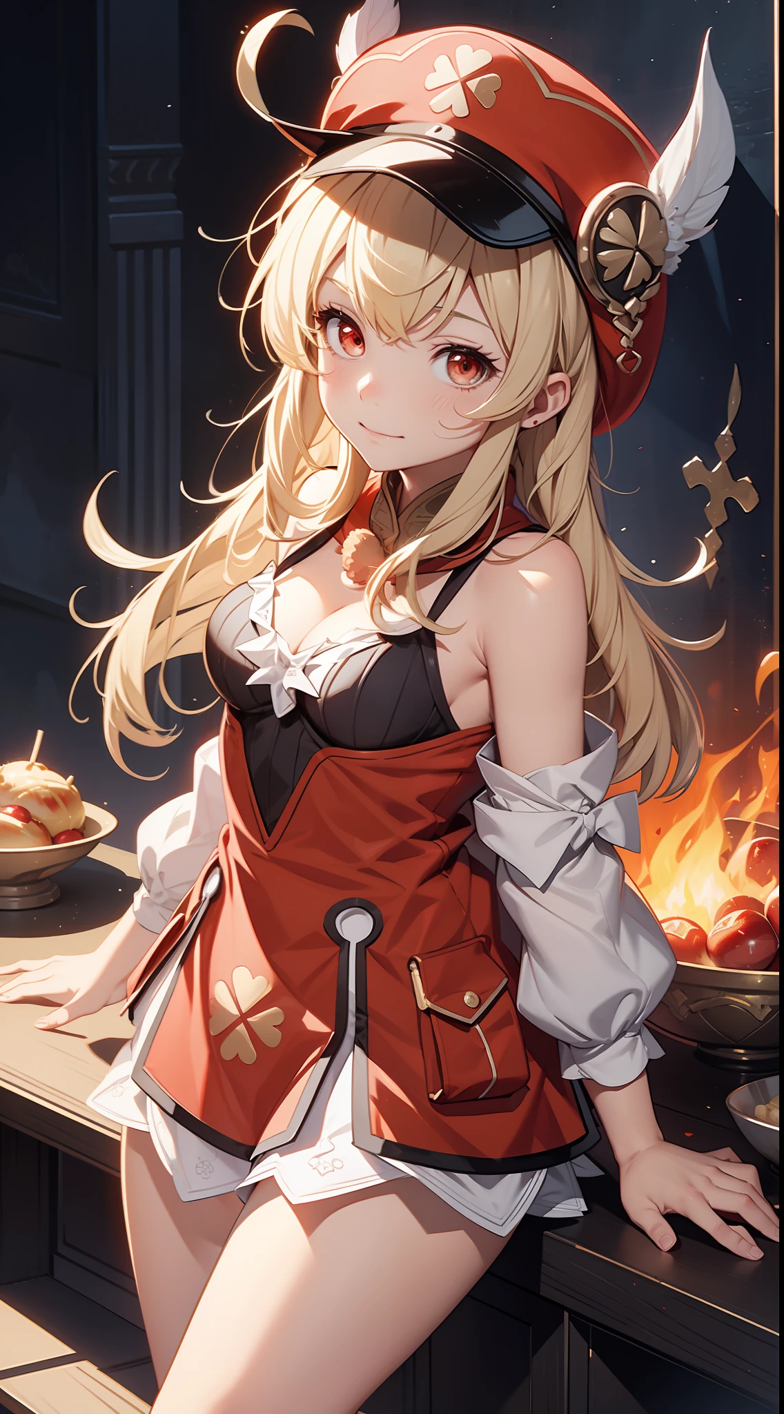 （8K，best qualtiy，tmasterpiece），Hyper-detailing，（highdetailskin），Birds in front of hats and wreaths, Loli, maplestory mouse, Splash art anime Loli, （Off-the-shoulder outfit1.3)，ssmile，Be red in the face，Feminine movements，little breast，cleavage，bit girl, Red translucent eyes，Golden hair，Two small braids，Height 1.2m，Red clothes，Red Hat，small curvaceous loli, Pisif, zerochan art, Edelgard de Fire Emblem, from touhou, shirabii, shikishi, Official artwork, alchemist girl