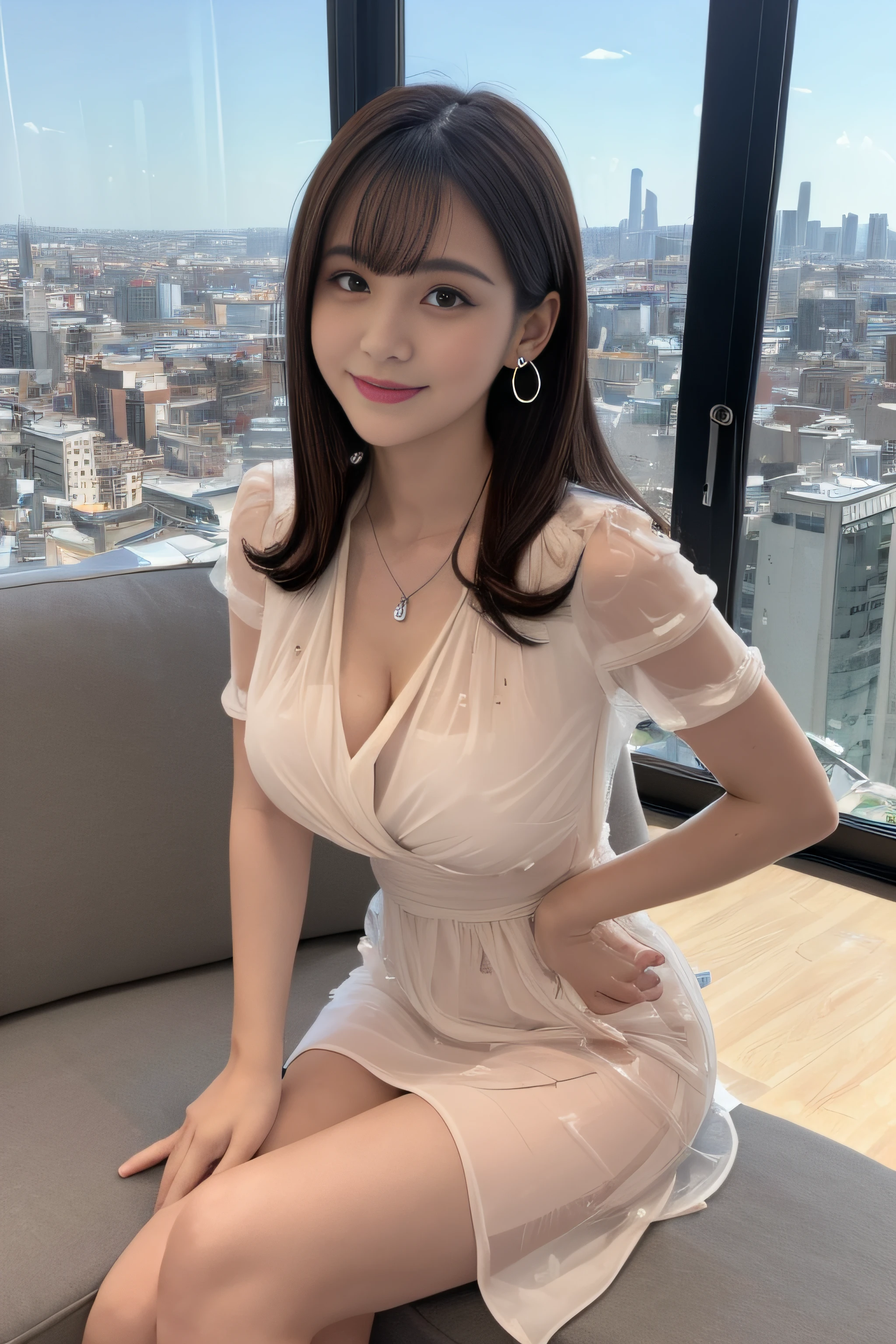 (Highly detailed 8k wallpaper), sharp focus, detailed, dramatic, delicate and beautiful young girl, lighting at face, (slim face, Slim Waist, Slim legs), (perky uplifted breasts:1.2), cleavage, blunt bangs, long hair cascading behind her ears, (wearing puffy transparent mini slip:1.5), Half Butterfly Earrings, silver necklace with opal, jewelry, (smile1.0.2), (sexy pose:1.2), blush, graphics beautiful, in high-rise building, Modern office with a city skyline view, Full Glass Wide Window, sitting sofa by window 3/4 body, from below angle, upskirt shot,