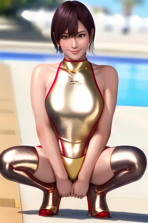 Top image quality、top-quality、8K picture quality、1girll、full body Esbian、nagisa、A smile、embarrassed from、red blush、Beautiful fece、Colossal tits、(Gold Metallic:1.4)、(Sleeveless)、(High neck competitive swimsuit)、(highleg)、(Crotch penetration)、(pin heels)、Squ...