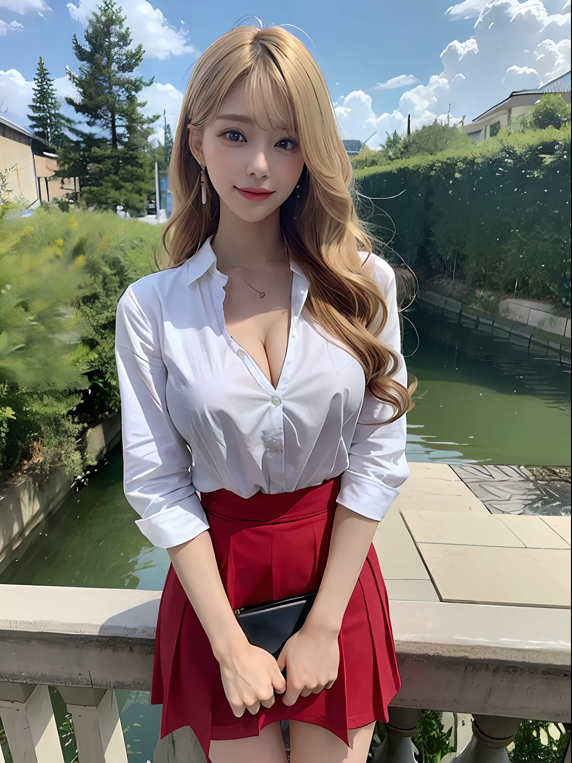 top-quality、​masterpiece、超A high resolution、(Photorealsitic:1.4)、Raw foto、1 girl in、a blond、full body Esbian、cleavage of the breast、double eyelid、Loose and fluffy perm、semi long hair、A smile、get angry、irate、student clothes、a red skirt、White cutter shirt