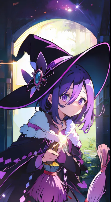 Ride a broom、One Girl、Purple hair、Purple eyes、the witch、witch clothing、magia、Magic Street、