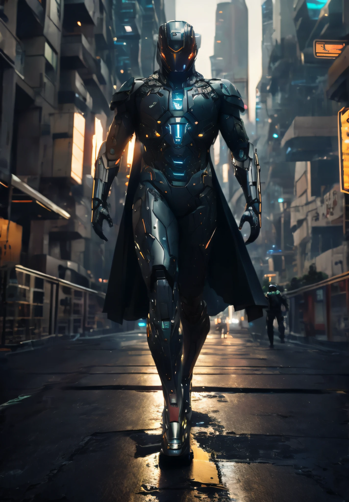 Homem de Arafeld em traje futurista anda pelas ruas da cidade, chefe mestre na cidade cyberpunk, traje cibernético, traje cibernético, still do filme de um vilão ciborgue, traje cibernético, homem de ferro cyberpunk, diverse traje cibernéticos, terno ciberpunk, still de filme de um ciborgue legal, Papéis de parede do Unreal Engine 4K, still de filme de um ciborgue, Traje completo de combate cibernético, cavaleiro ciberpunk