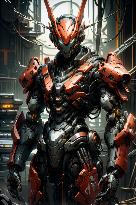 arafed robot standing in a sci - fi environment with a sci - fi background, ultra detailed game art, epic sci - fi character art, epic sci-fi character art, red mech, painterly humanoid mecha, epic scifi character art, cg artist, hard surface concept art, ...