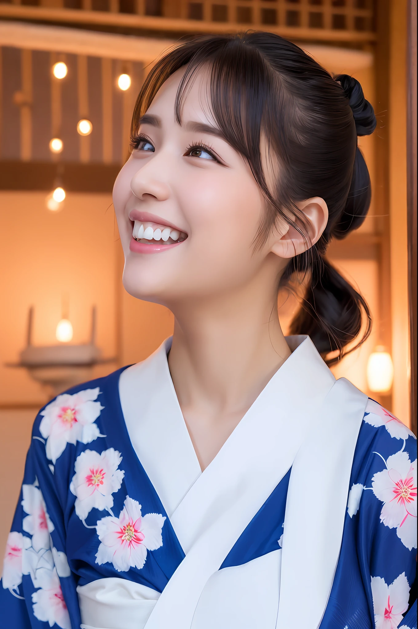 top-quality、finely detail、(((Beautiful One Girl)))、extremely detailed eye and face、a smile、Laughing with white teeth、(((Yukata)))、skyrocket、Looking up at the fireworks、poneyTail、Big tear bag、Double eyelids、profile