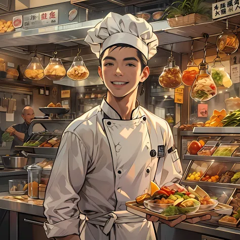 A young handsome male chef stands next to a snack cart，With a smile on his face, he advised，,in the style of the stars art group xing xing, 32K, Best quality, Masterpiece, Super detail, High details