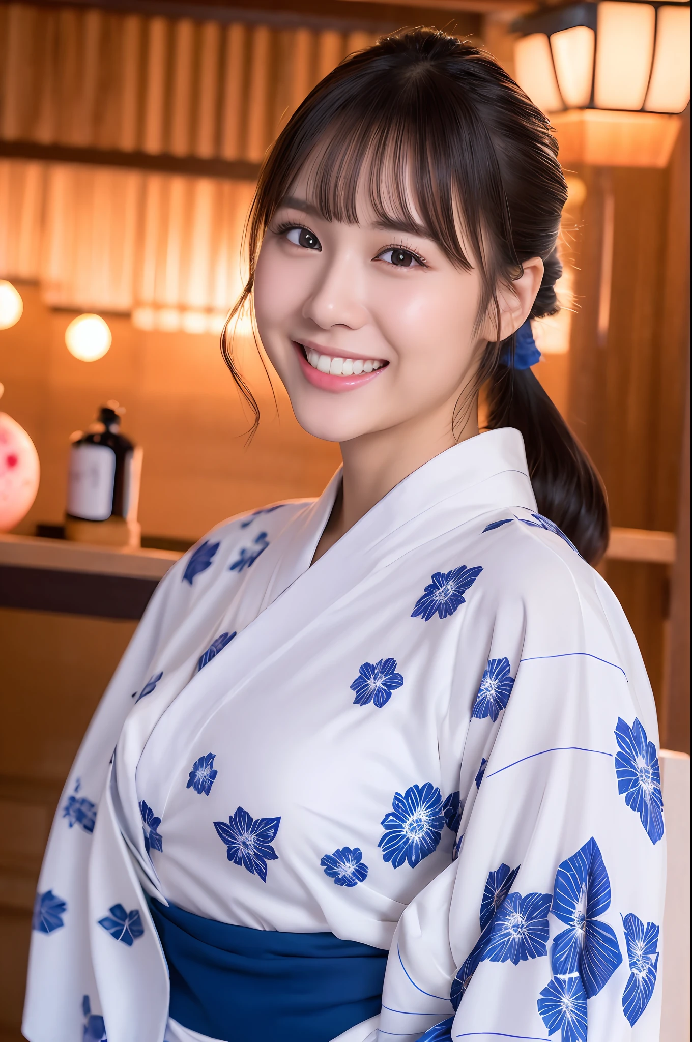 top-quality、finely detail、「(((Beautiful One Girl)))」、extremely detailed eye and face、Cute smile、Laughing with white teeth、(((Yukata)))、skyrocket、（Watch the fireworks）、poneyTail、Big tear bag、Double eyelids、