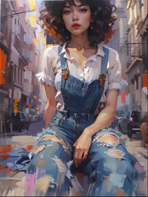 The beauty of a modern Asian city，Denim suspenders，cabelos preto e longos，curlies，Sexy and seductive red lips，full bodyesbian，Sit cross-legged，portraitures，oil painted，inks，acrycle painting，tmasterpiece，Renaissance style，best qualtiy，A high resolution，supe...