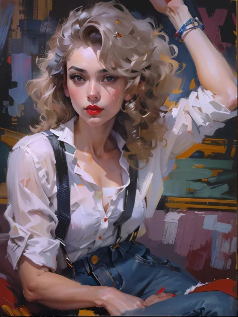 Beautiful girl in modern asian city，white  shirt，Denim suspenders，Big scalp shoes，cabelos preto e longos，curlies，Sexy and seductive red lips，full bodyesbian，Sit cross-legged，portraitures，oil painted，inks，acrycle painting，tmasterpiece，Renaissance style，best...