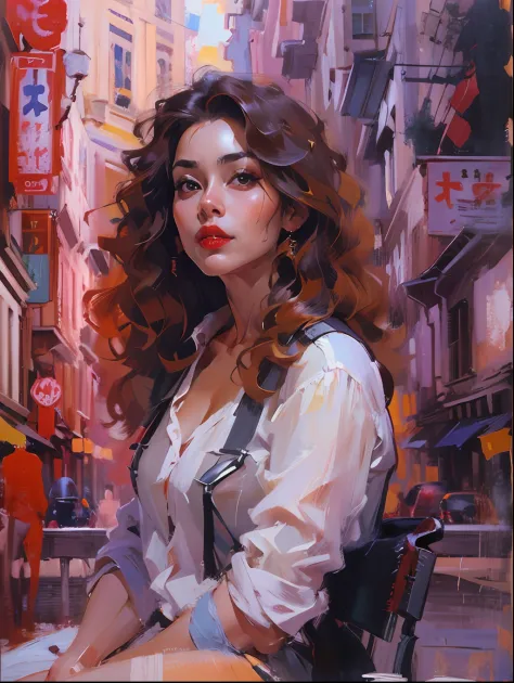 Beautiful girl in modern asian city，white  shirt，Denim suspenders，Big scalp shoes，cabelos preto e longos，curlies，Sexy and seductive red lips，full bodyesbian，Sit cross-legged，portraitures，oil painted，inks，acrycle painting，tmasterpiece，Renaissance style，best...