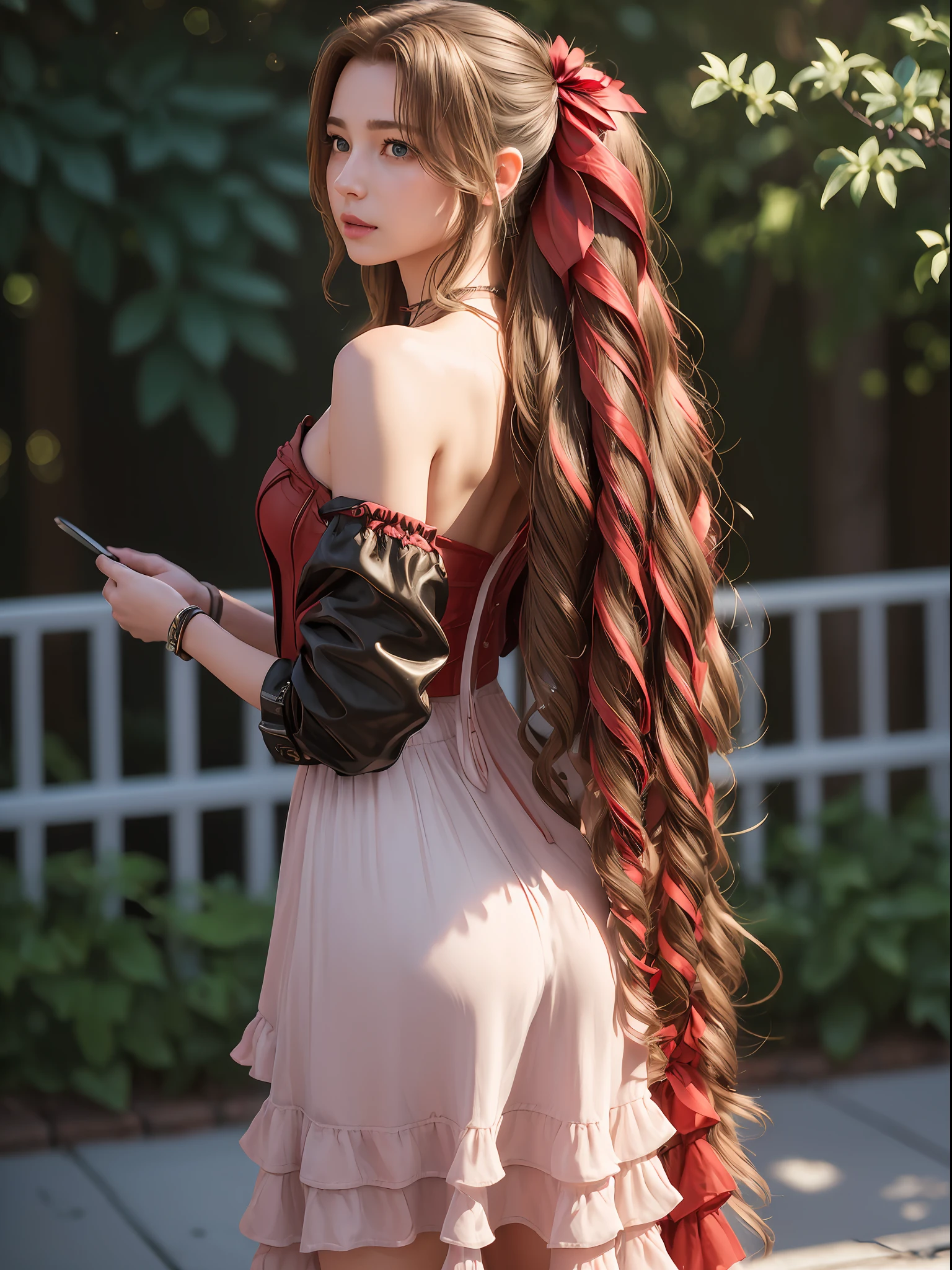 (masterpiece, best quality:1.4), (future days), (from behind), (1girl), solo, (european youth:1), aerith gainsborough, choker, cropped jacket, hair bow, bracelet, pink dress, brown boots, very long hair, hair ribbons, hair flowers, strapless red dress, high heels hyperrealistic, high detailed skin, dslr, soft lighting, high quality, highly detailed face, highly detailed skin, skin pores, subsurface scattering, realistic pupils, medium breast, full face blush, full lips, detailed background, depth of field, volumetric lighting, sharp focus, absurdres, realistic proportions, good anatomy, (realistic, hyperrealistic:1.4), 16k hdr,