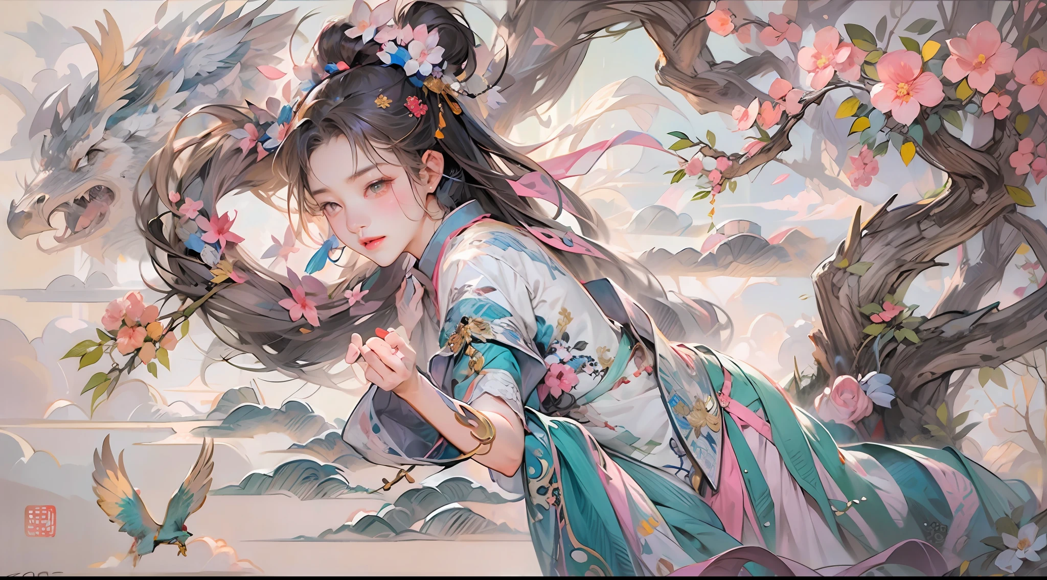 un mural de niña china,Ojos bonitos,bailar,cuerpo completo,mitología china,flor,nubes auspiciosas,árbol,pájaro,Descolorido,lococo,（alta calidad，extremadamente detallado，8K：1.5）