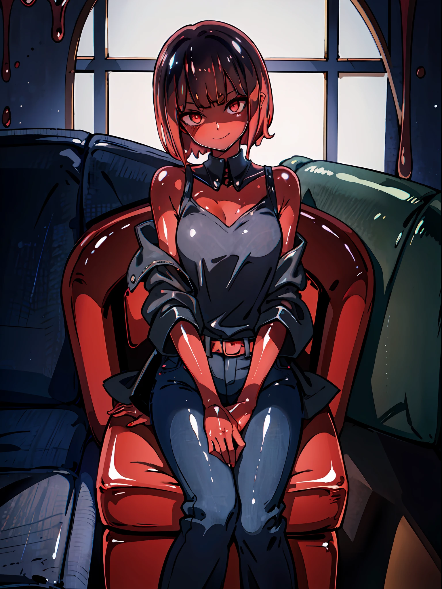 anime, young girl, red eyes, smirk, evilish smile, darkened eyes, red eyes, short brown hair, fancy haircut, black denim pants, shirt with bare shoulders, black shirt, red parka, solo, sitting on sofa, mischevious smile, shadow cast on eyes,