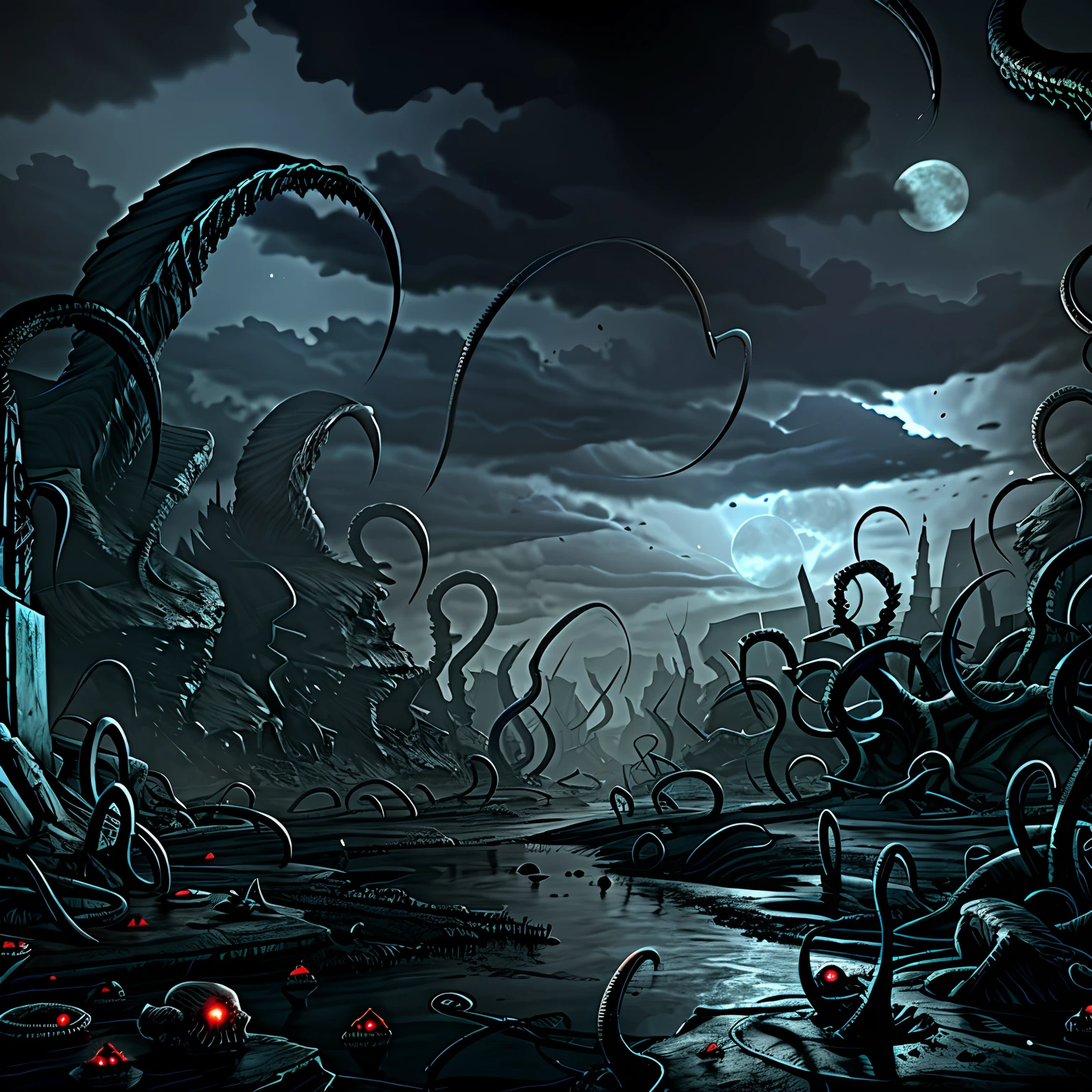 Madness evil landscape. Tentacles rising from the abyss, polluted river, macabre cemetery, bloody moon, unreal engine, UHD sketch color drawing