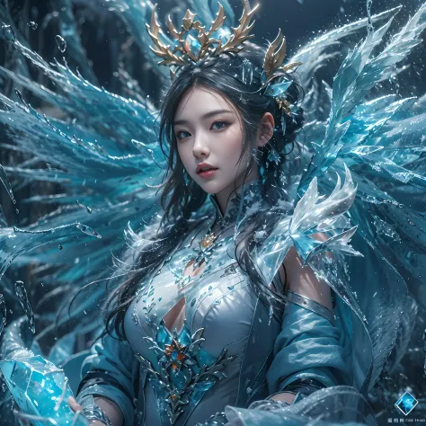 (((1girll)))，（Perfect facial features），（Wear the ancient Han send），The upper part of the body，icey，ice wings，（Ice Phoenix：1.2），Splashed liquid，Wavy liquid，airbubble，standing on water，wave，Blue glow，（Frost wings），(((Powerful ice magic)))，(((Icicles)))，Tower...