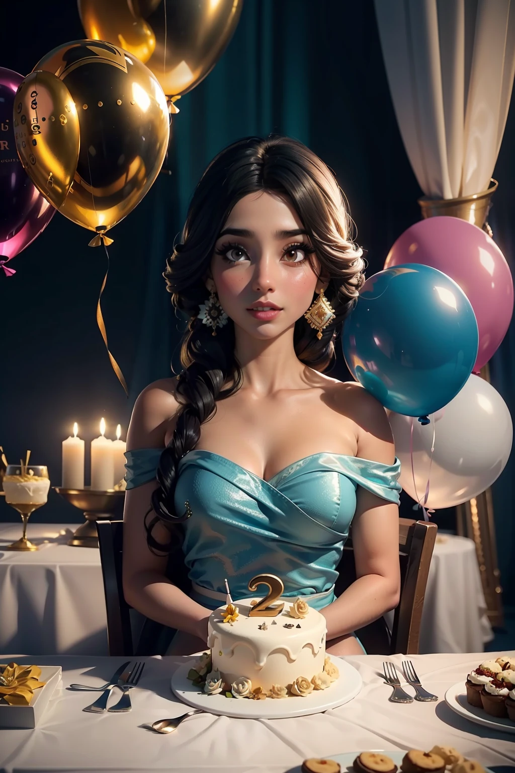 Geburtstagstisch dekoriert mit dem Thema Jasmin, viele Dekorationen auf dem Tisch, Luftballons hängen aus den Augen, Prinzessin Jasmine Tischdecke, Studiobeleuchtung