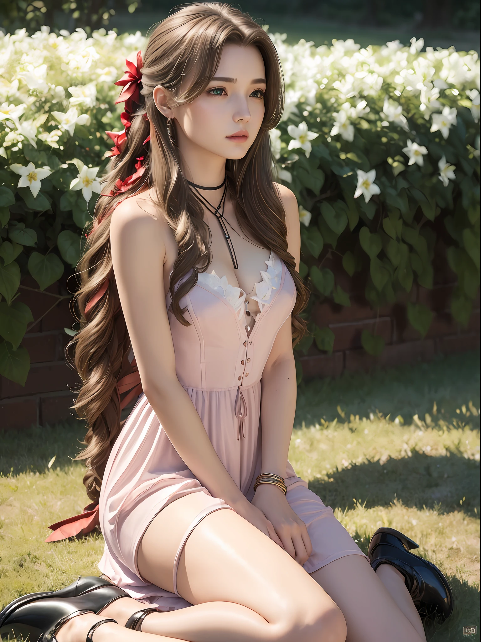 (masterpiece, best quality:1.4), (future days), (sit on the grass), (full of white flowers), (1girl), solo, (european youth:1), aerith gainsborough, choker, cropped jacket, hair bow, bracelet, pink dress, brown boots, very long hair, hair ribbons, hair flowers, strapless red dress, high heels hyperrealistic, high detailed skin, dslr, soft lighting, high quality, highly detailed face, highly detailed skin, skin pores, subsurface scattering, realistic pupils, medium breast, full face blush, full lips, detailed background, depth of field, volumetric lighting, sharp focus, absurdres, realistic proportions, good anatomy, (realistic, hyperrealistic:1.4), 16k hdr,