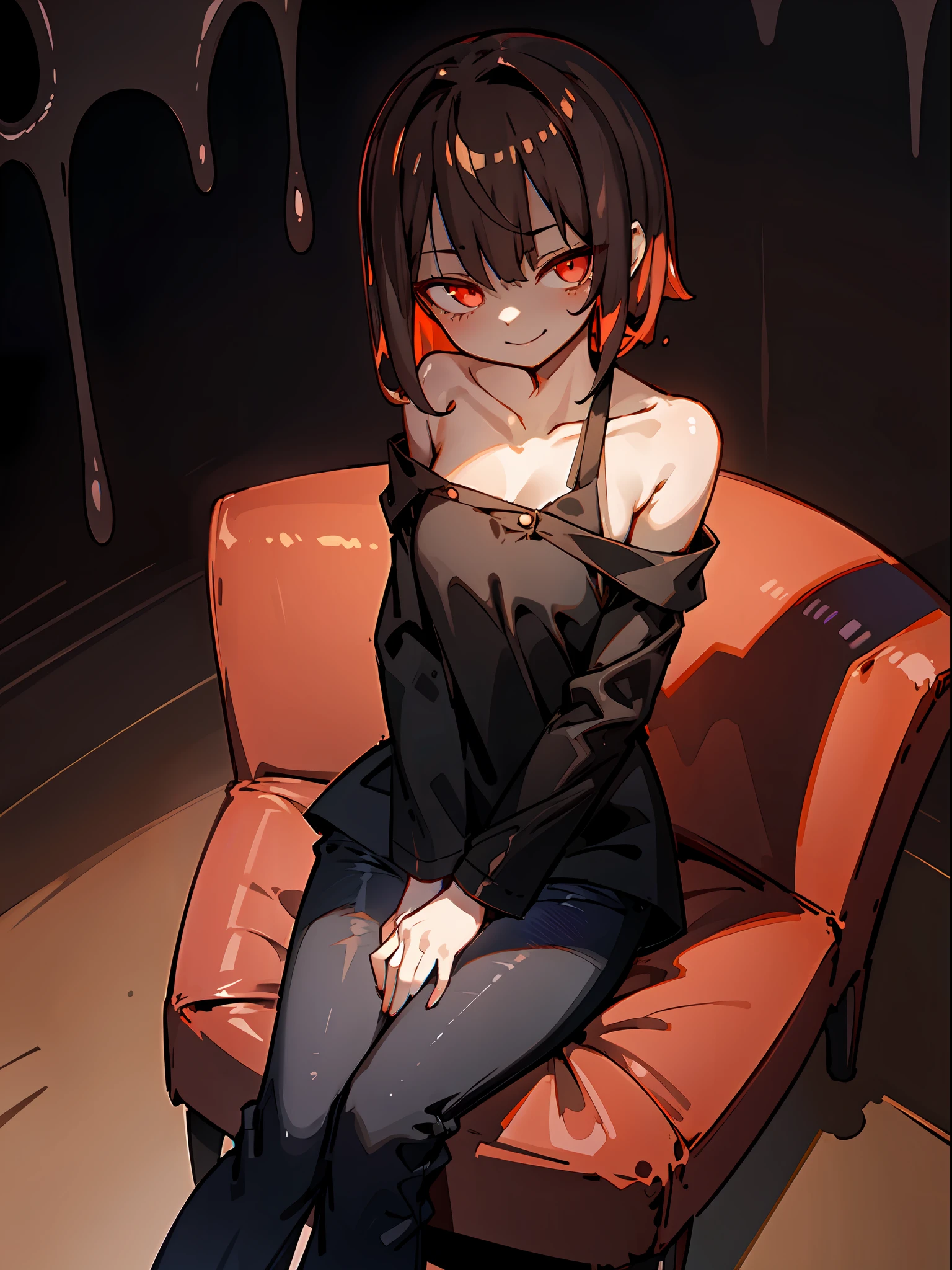 anime, young girl, red eyes, smirk, evilish smile, darkened eyes, red eyes, short brown hair, fancy haircut, black denim pants, shirt with bare shoulders, black shirt, red parka, solo, sitting on sofa, mischevious smile, shadow cast on eyes,