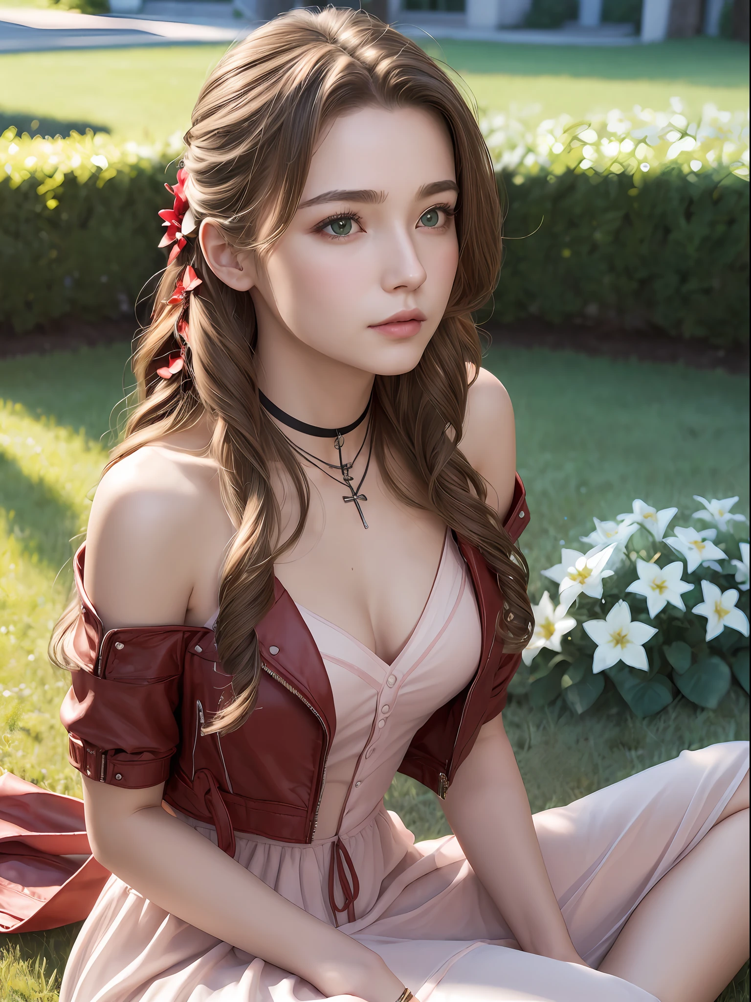 (masterpiece, best quality:1.4), (future days), (sit on the grass), (full of white flowers), (1girl), solo, (european youth:1), aerith gainsborough, choker, cropped jacket, hair bow, bracelet, pink dress, brown boots, very long hair, hair ribbons, hair flowers, strapless red dress, high heels hyperrealistic, high detailed skin, dslr, soft lighting, high quality, highly detailed face, highly detailed skin, skin pores, subsurface scattering, realistic pupils, medium breast, full face blush, full lips, detailed background, depth of field, volumetric lighting, sharp focus, absurdres, realistic proportions, good anatomy, (realistic, hyperrealistic:1.4), 16k hdr,