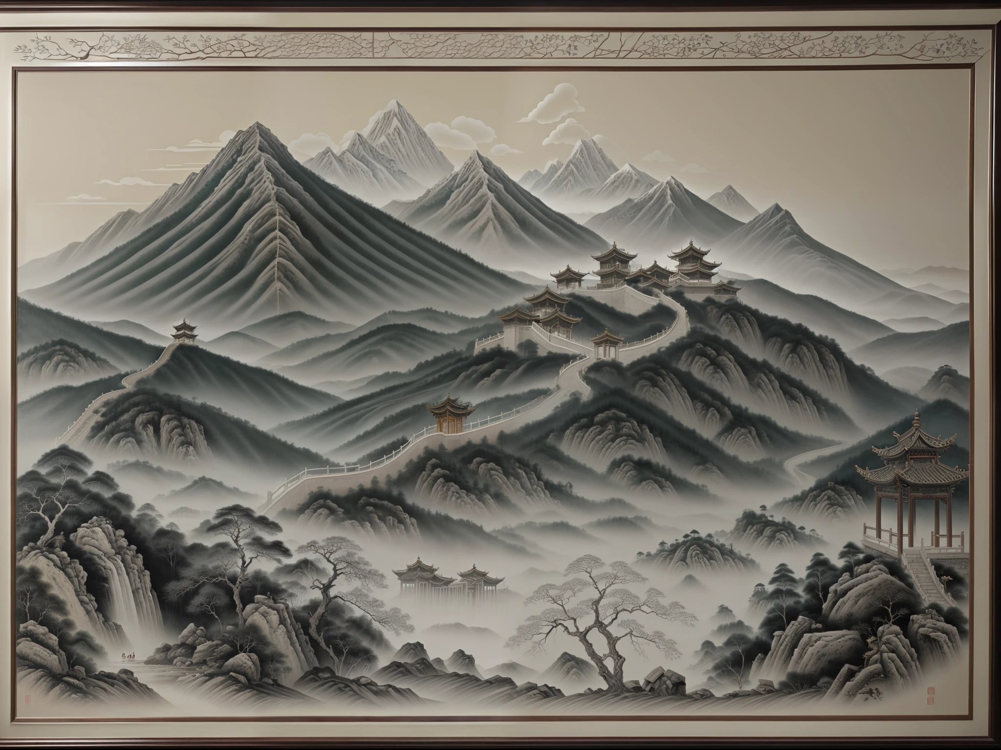 "An enchanting black and white ancient mural showcasing a harmonious tale of nature, mountain, and humanity, beautifully carved on a fragile and partly broken Chinese-style wall."