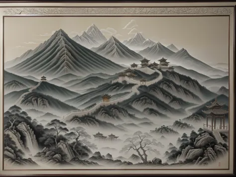 "an enchanting black and white ancient mural showcasing a harmonious tale of nature, mountain, and humanity, beautifully carved ...