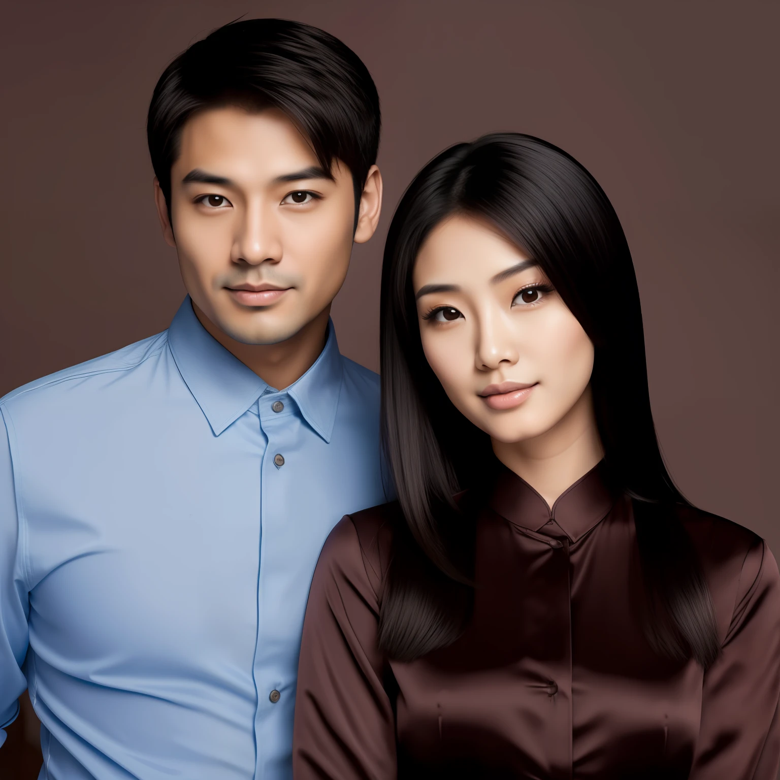 Casal reto pousando para foto, Asian woman with long dark hair , Asian man with short dark hair, detailed jaw, vestindo camisa social