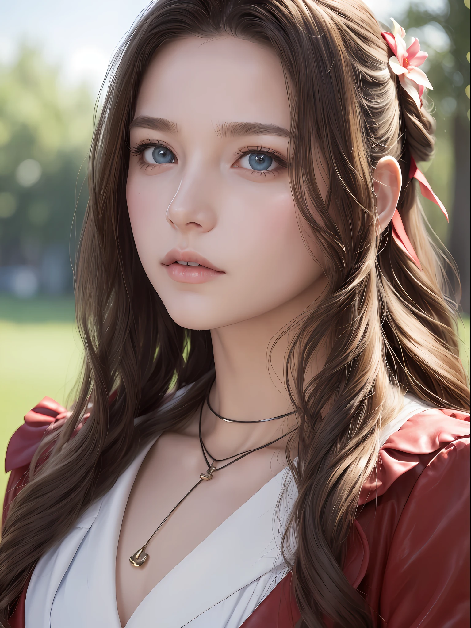 (masterpiece, best quality:1.4), (future days), (close-up), (1girl), solo, (european youth:1), aerith gainsborough, choker, hair bow, very long hair, hair ribbons, hair flowers, hyperrealistic, high detailed skin, dslr, soft lighting, high quality, (highly detailed face:1.5), (highly detailed eyes:1.5), highly detailed skin, skin pores, subsurface scattering, realistic pupils, full face blush, full lips, detailed background, depth of field, volumetric lighting, sharp focus, absurdres, realistic proportions, good anatomy, (realistic, hyperrealistic:1.4), 16k hdr,