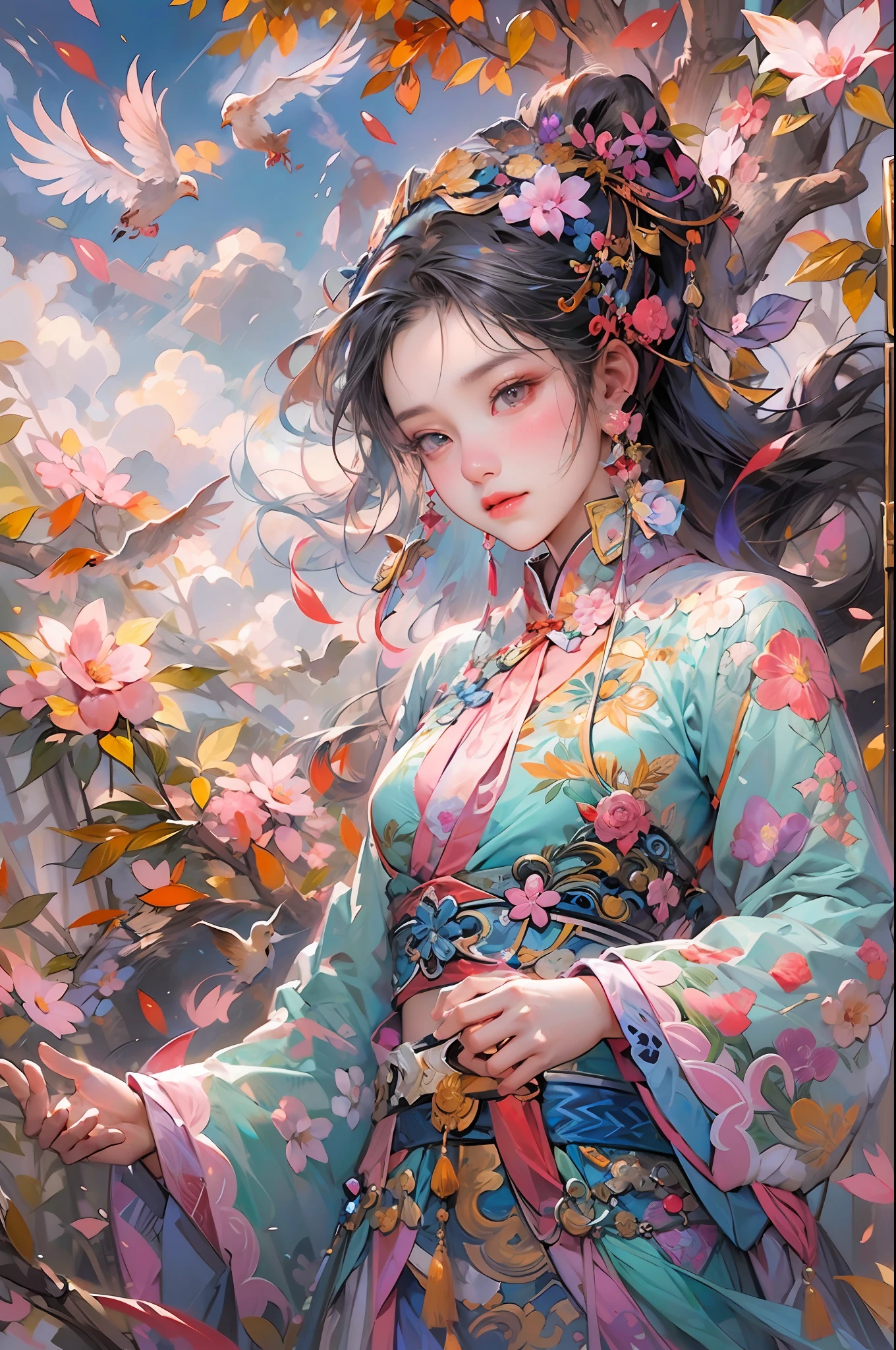 Chinese girl mural,Beautiful eyes,Dance,full bodyesbian,Chinese mythology,flower,Auspicious clouds,tree,Bird,Heterochromatic,rococo,（High quality，Extremely detailed，8K：1.5）