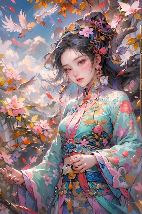 Chinese girl mural,Beautiful eyes,Dance,full bodyesbian,Chinese mythology,flower,Auspicious clouds,tree,Bird,Heterochromatic,roc...