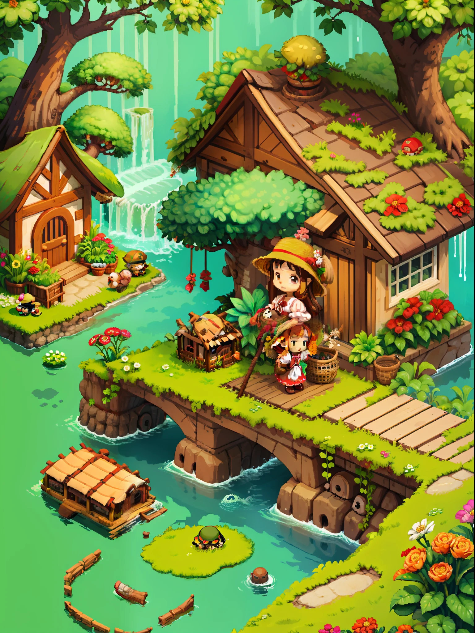 （Pixel art：1.4），Q version《Little girl with teddy bear》，Straw Hat Hat，basket，Floral dress，Little red leather shoes，The tree，river water，Flowers and plants，（Mushroom hut：1.2），Cogumelos