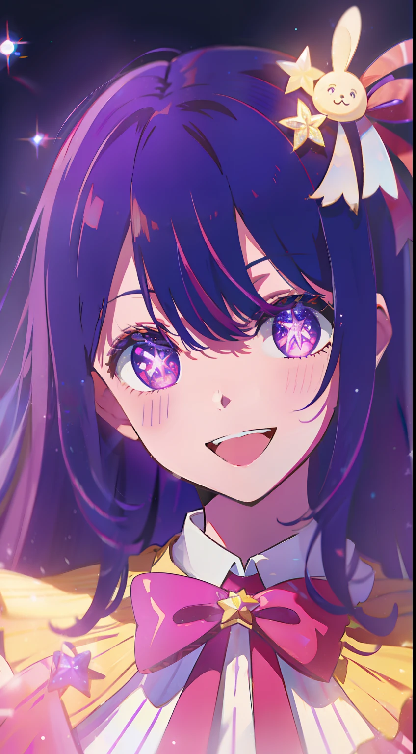 Hoshino Ai, Long hair, Purple hair, striated hair ,Purple eyes, star-shaped pupils, Hair Ornament,Laugh、A smile、Idol Costumes、bow ribbon、frilld、huge smile