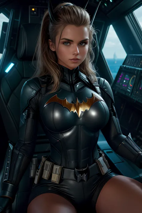 (extremely detailed 8k wallpaper), bat girl sitting in a futuristic fighter jet cockpit, black futuristic fighter jet cockpit, s...